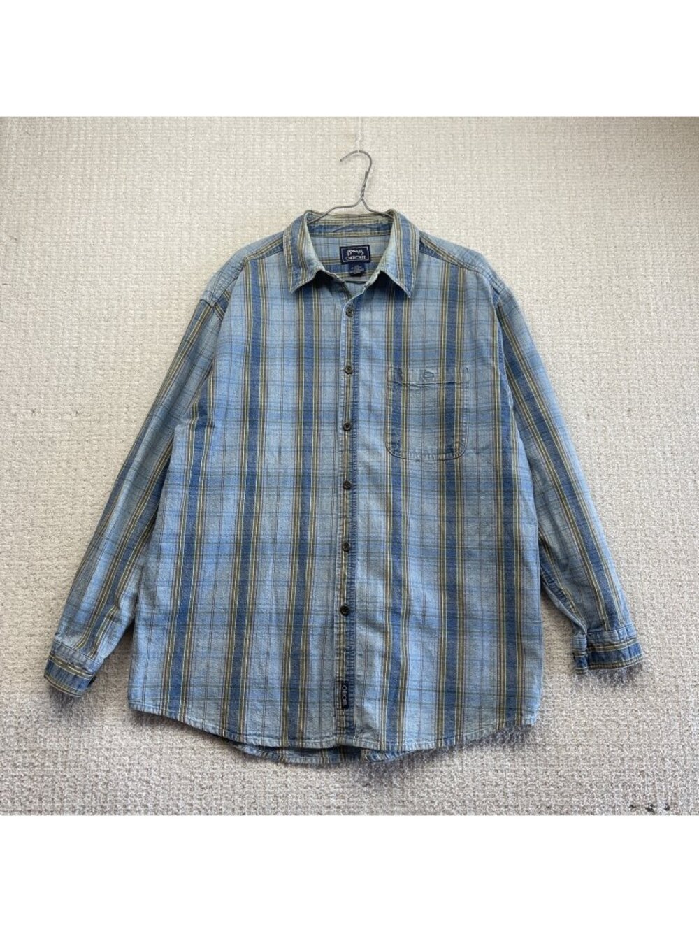 VTG Cherokee Button Up Dress Shirt Men  L Blue Plaid Western Cowboy Southwestern
